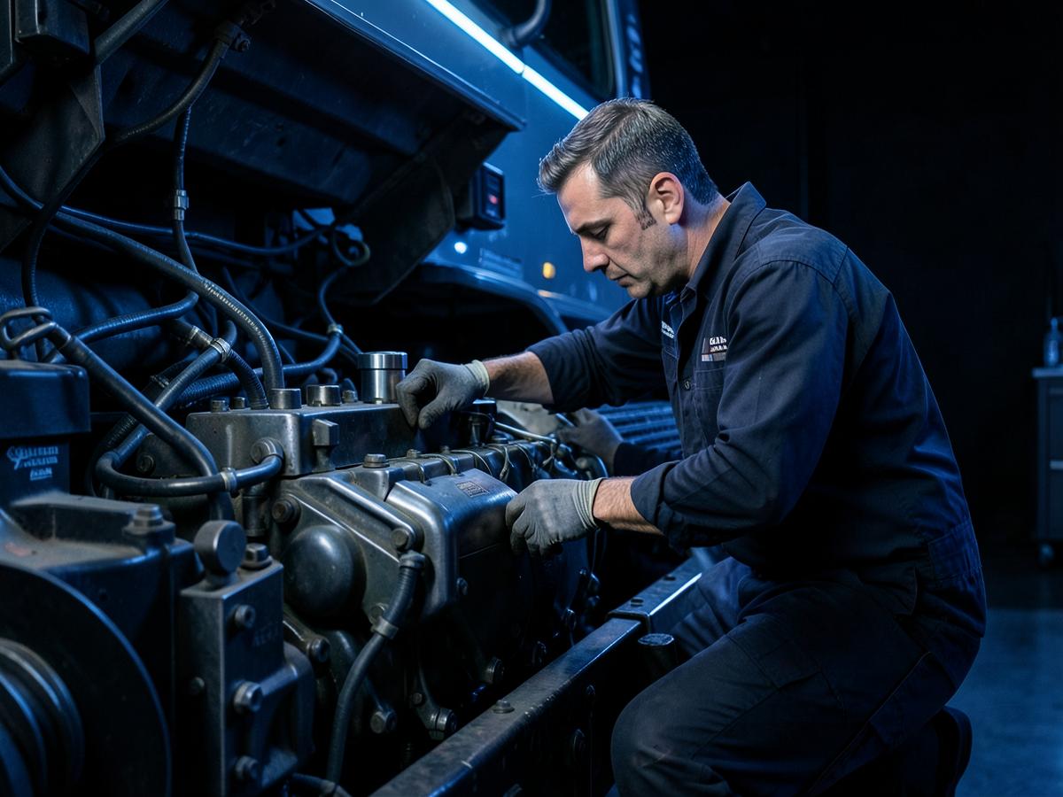 Mecânico realizando manutenção em motor de caminhão