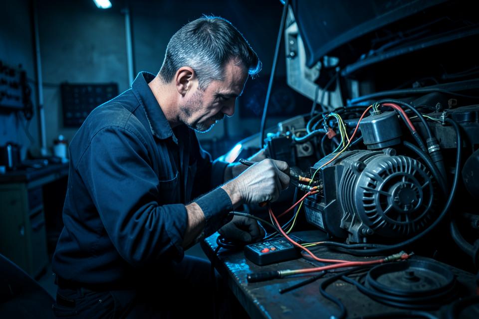 Mecânico reparando chicote elétrico e alternador de caminhão